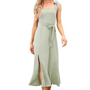 NEW! Sage Green Square Neck Midi Dress with Ruffle Split - Size M